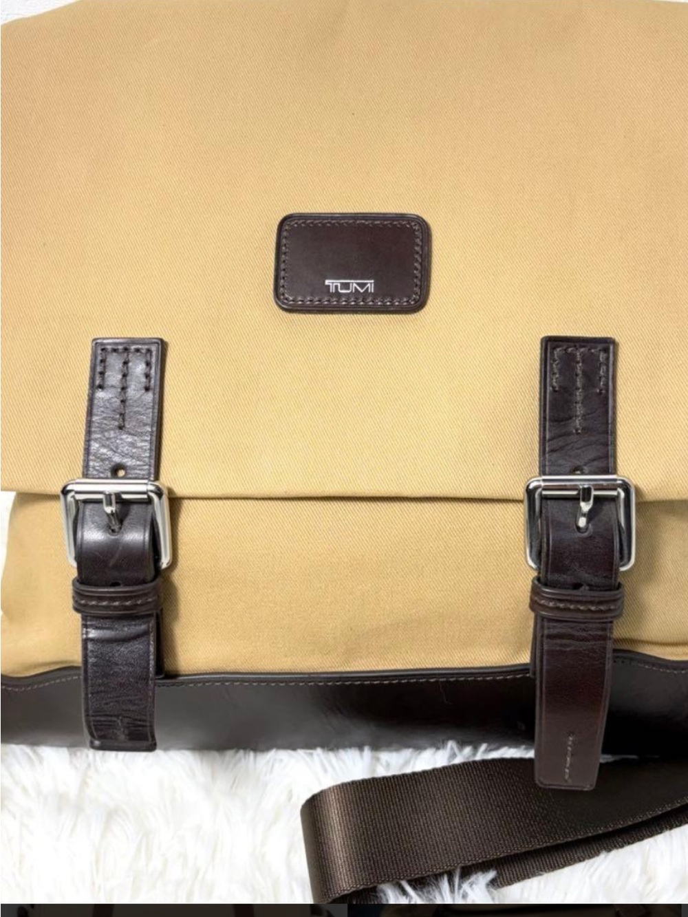 Tumi Tan Canvas Messenger Bag with Dark Brown Leather Trim